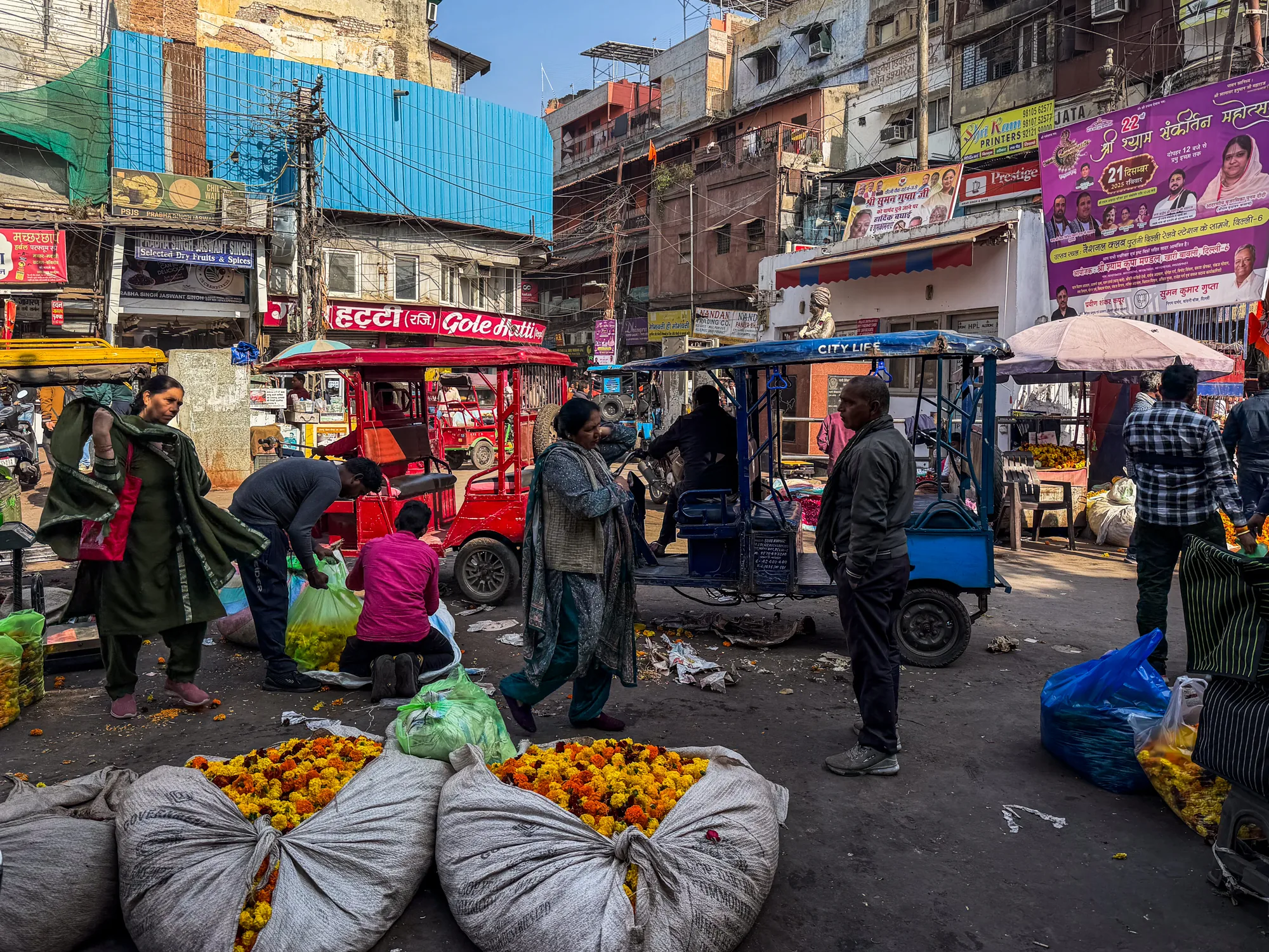 この写真はインドのニューデリーで撮影された、活気あふれる市場の様子を捉えています。地面には大量のマリーゴールドの花が袋詰めされて置かれており、その周りには花を整理したり、運んだりする人々がいます。女性がサリーのような伝統的な衣装をまとい、花を手に取っている様子も見られます。背景には、赤色や青色のリキシャが複数台停車しており、人々の移動手段として利用されていることが伺えます。  建物の壁には看板やポスターが所狭しと貼られており、ローカルな雰囲気を醸し出しています。電線が複雑に張り巡らされており、都会の喧騒を象徴しているようです。全体的に、この写真はニューデリーの市場の活気と人々の生活感をリアルに伝えています。色彩豊かで、視覚的に訴えかける要素が多く、見ているだけで現地の熱気が伝わってくるようです。