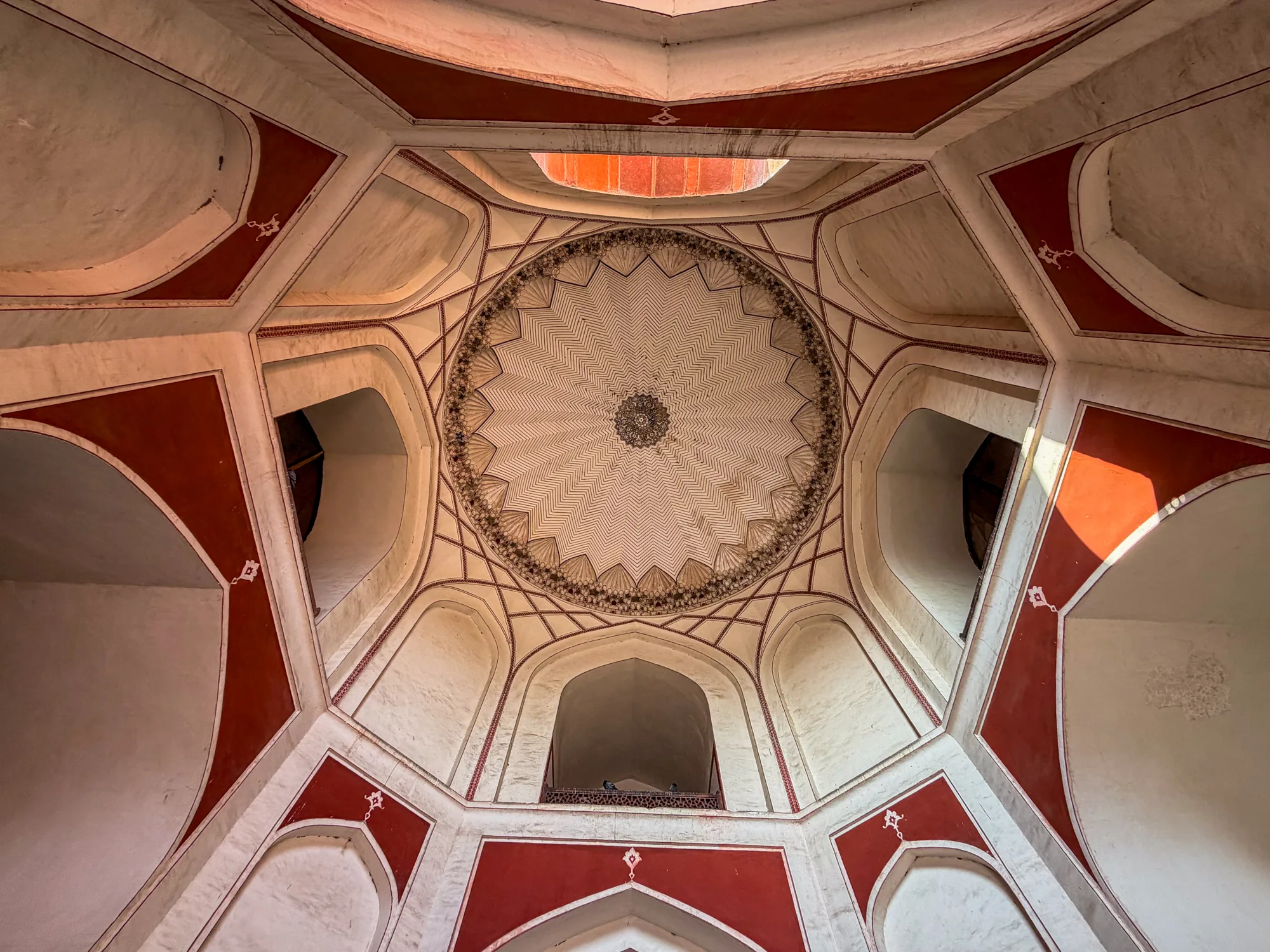 インドのニューデリーで撮影された写真です。写真は建物の内部、特に天井部分を下から見上げた構図になっています。天井は八角形を基調とした複雑な幾何学模様で飾られており、赤茶色と白のコントラストが目を引きます。中心部には星のような緻密なデザインが施され、周囲に向かって放射状に模様が広がっています。壁面にも同様の赤茶色と白の装飾が施されており、アーチ状の開口部からはわずかに光が差し込んでいます。建物の様式から、ムガル建築の特徴が見られます。写真全体は荘厳で美しい雰囲気を醸し出しており、歴史的な建造物の精緻な装飾を捉えたものと言えるでしょう。
