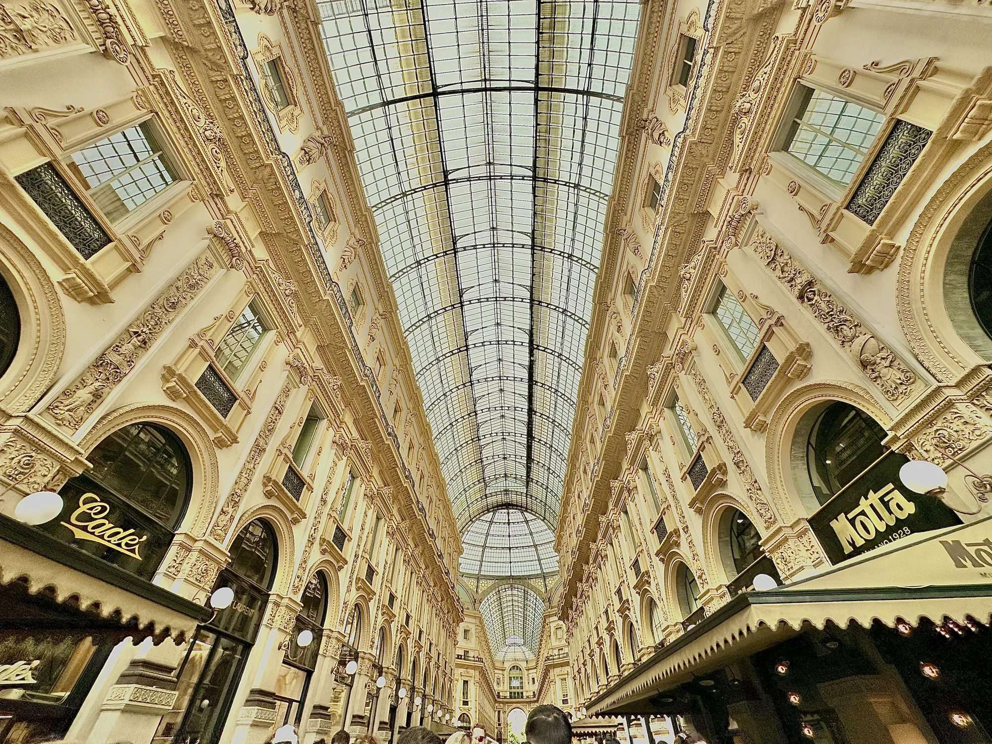 イタリアのミラノにあるガレリア・ヴィットーリオ・エマヌエーレ2世を撮影した写真です。カメラは下から上を見上げるように配置されており、壮大なガラスのアーケード天井を強調しています。左右には、精巧な装飾が施されたクリーム色の壁がそびえ立ち、窓やアーチ型の入り口が並んでいます。壁面には、凝った彫刻や模様が細部にわたり施されており、歴史的な重みを感じさせます。下部には、カフェや店舗の看板の一部が見え、活気ある雰囲気を示唆しています。遠近法が強調された構図により、ガレリアの奥行きと壮大さが際立ち、豪華で洗練された空間が伝わってきます。