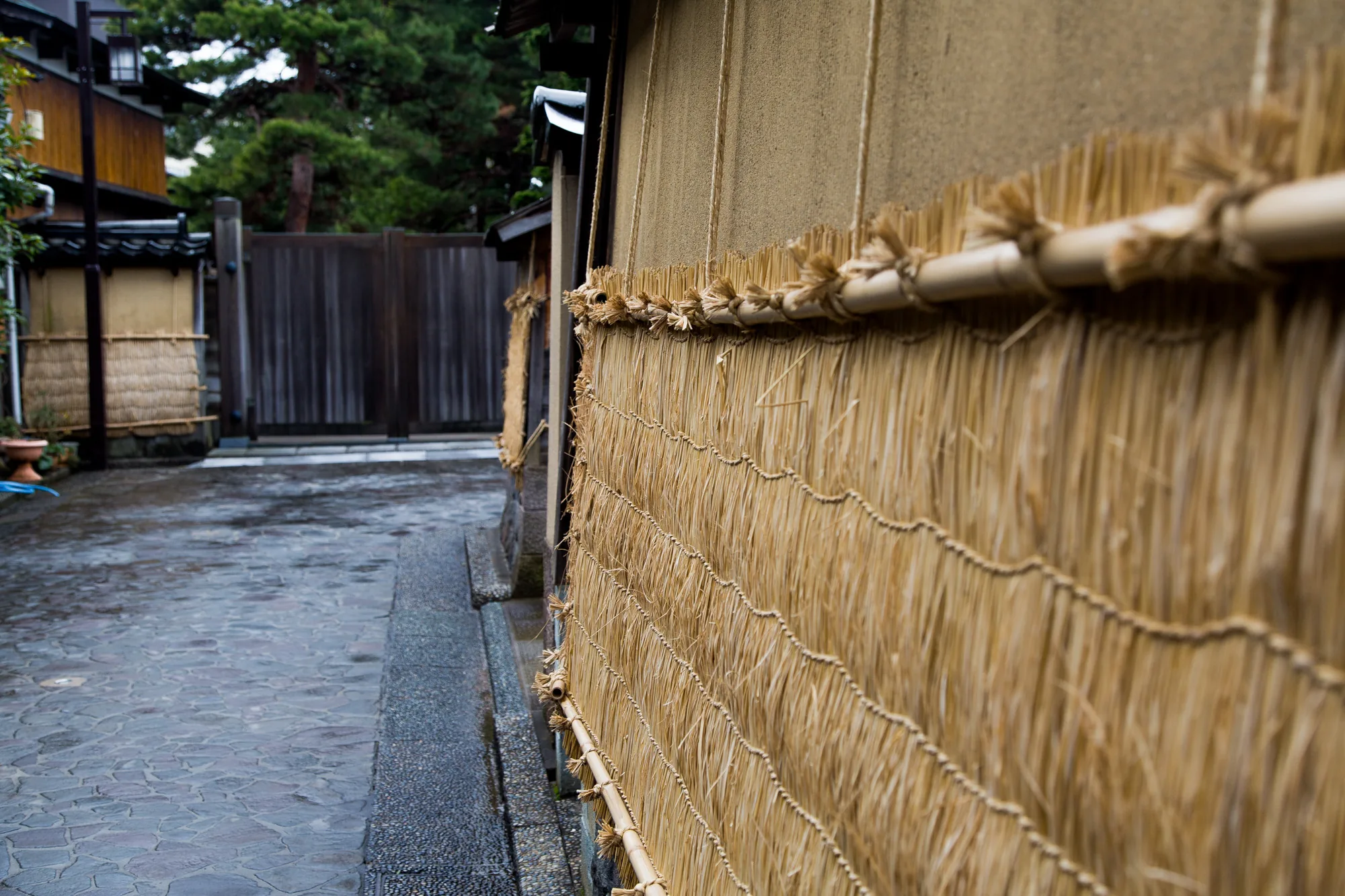 写真は石畳の路地に面した、伝統的な日本家屋の壁を捉えています。壁は土壁で、その下部に藁で編まれた菰（こも）が取り付けられています。菰は冬の雪や寒さから壁を守るためのもので、金沢の古い街並みによく見られる風景です。路面は雨に濡れて光っており、しっとりとした雰囲気を醸し出しています。遠景には木製の門や他の家屋が見え、歴史的な街並みが感じられます。全体的に落ち着いた色調で、静かで趣のある日本の風景を表現しています。