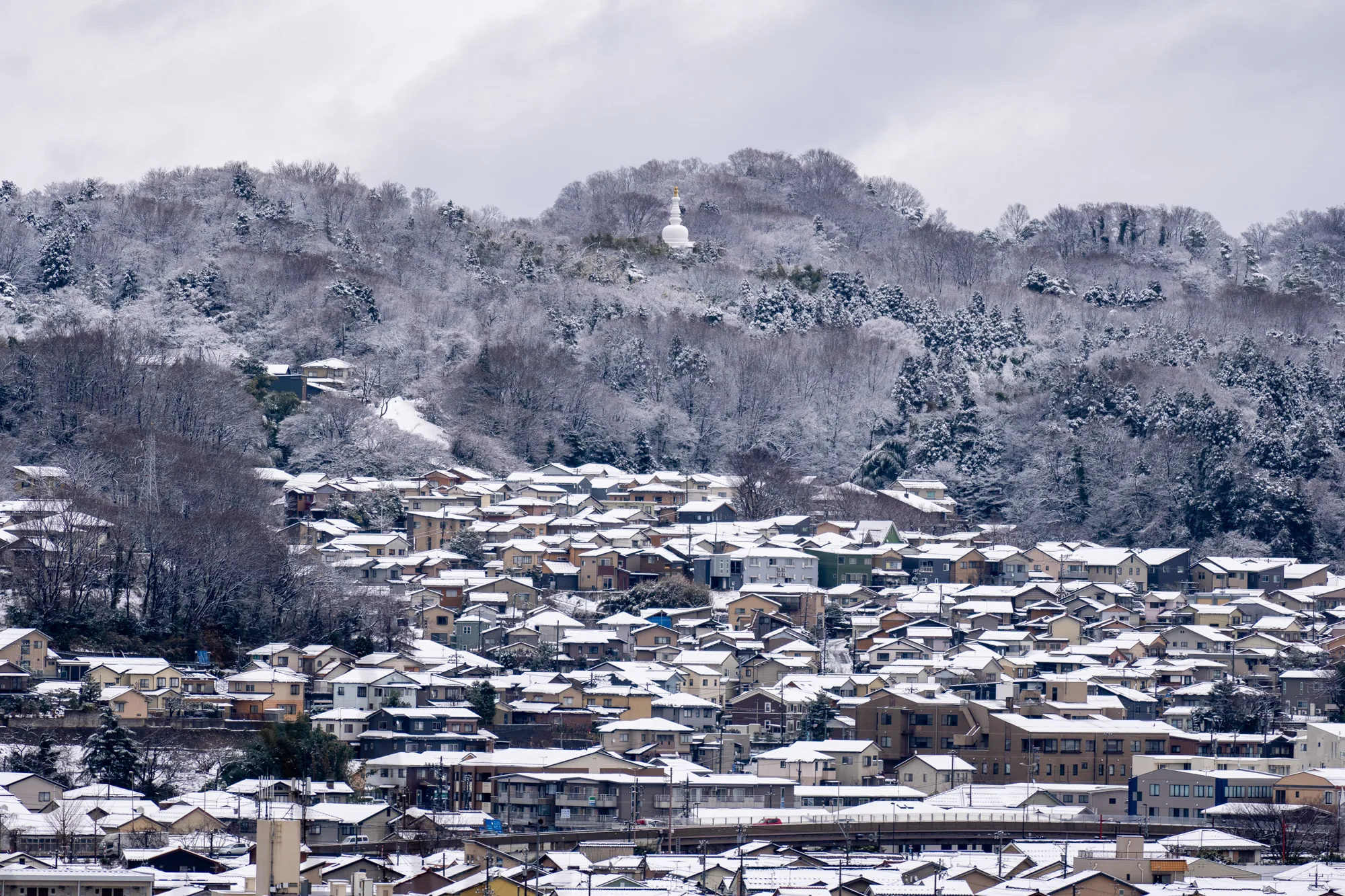この写真は、日本の金沢で撮影された雪景色です。画面全体に、住宅地が密集して広がっています。家々の屋根は雪で覆われ、白く染まっています。家々は様々な色合いで、茶色、灰色、ベージュなどの落ち着いた色調が多いようです。写真の上部には、雪をまとった山が聳え立っています。山には木々が生い茂り、それらもまた雪で白く覆われています。山の頂上付近には、白い仏塔のような建造物が見えます。空はどんよりとした曇り空で、全体的にモノクロームに近い、静かで落ち着いた雰囲気を醸し出しています。雪が積もったことで、街全体が静寂に包まれているような印象を受けます。