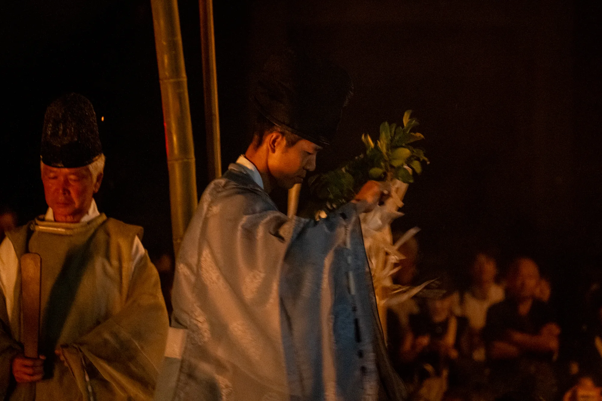 この写真は、日本の能登地方で撮影された神事の様子を捉えています。暗闇の中、篝火のような光に照らされた二人の神職が写っています。左側の神職は、白い髪で年齢を重ねた男性で、黒い烏帽子を被り、笏（しゃく）のようなものを持っています。右側の神職は、比較的若い男性で、同じく黒い烏帽子を被り、御幣（ごへい）と榊（さかき）と思われるものを持っています。  二人の神職の後ろには、竹が立てられており、背景にはぼんやりと大勢の人が見えます。写真全体は、厳かで神秘的な雰囲気を醸し出しており、日本の伝統的な神事の様子を伝えています。光の加減や人々の表情から、静寂と神聖さが感じられます。