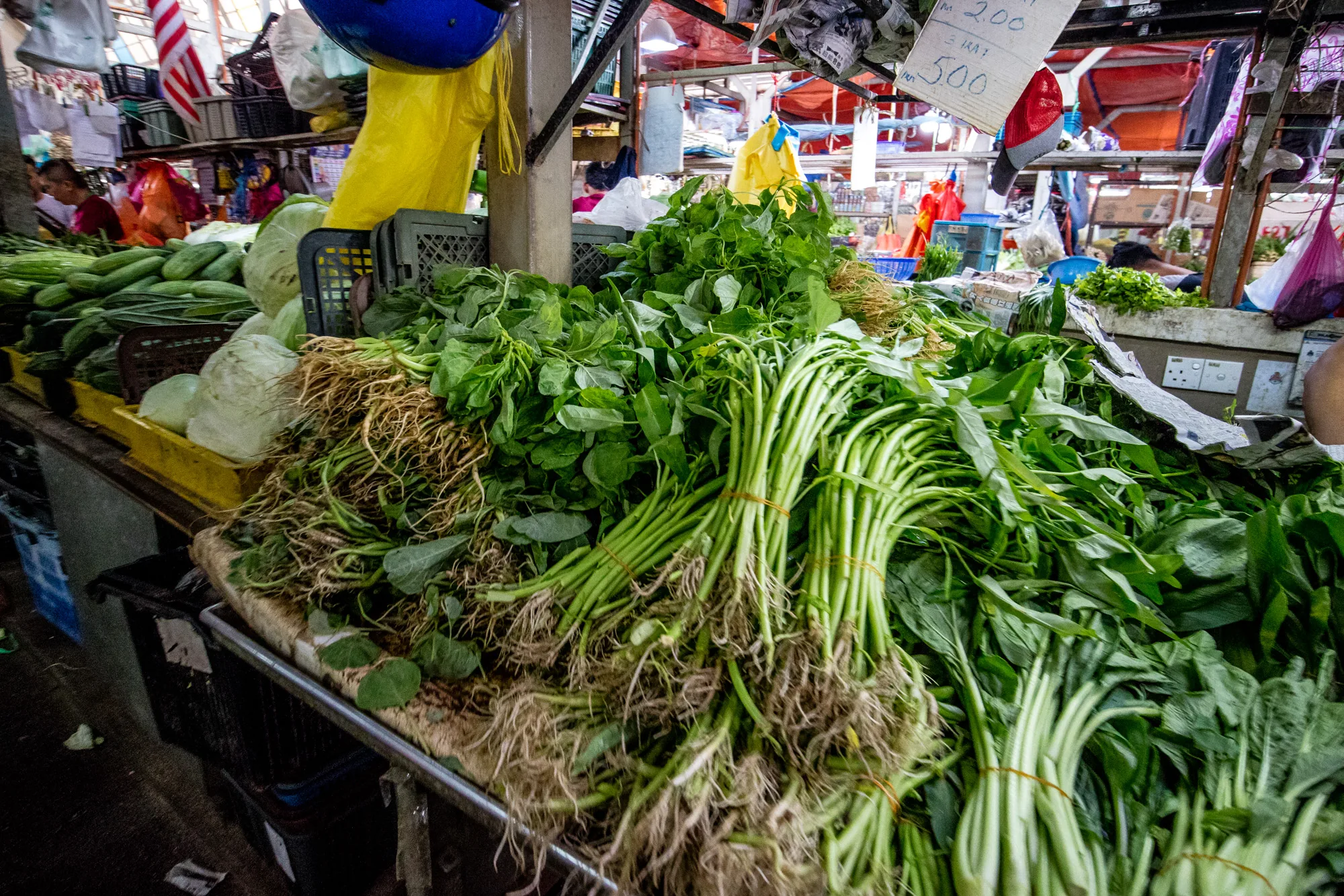写真はマレーシアのクアラルンプールにある市場の風景です。手前には、さまざまな種類の野菜が山積みにされています。特に目立つのは、束ねられた空心菜や、根付きの葉物野菜です。他にも、キャベツやキュウリなどが並んでいます。背景には、市場の賑やかな様子が伺えます。さまざまな商品が並び、買い物客や店員が忙しく動き回っているようです。カラフルなビニール袋や商品が吊り下げられており、活気ある市場の雰囲気が伝わってきます。