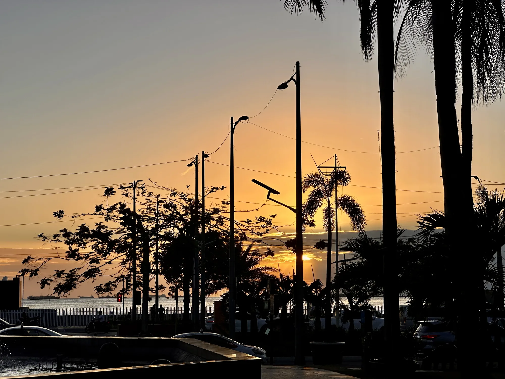 写真はフィリピンのマニラで撮影された夕暮れ時の風景を捉えています。空はオレンジ色から薄いグレーへとグラデーションを描き、太陽が水平線に沈む直前の光芒が雲間から差し込んでいます。前景には、街灯や電線、木々のシルエットが黒く浮かび上がっています。特にヤシの木のシルエットが熱帯の雰囲気を強調しています。中景には、海岸線が見え、フェンスの向こうに人々や車両がかすかに確認できます。噴水の縁や水面の一部が写り込んでおり、都会の喧騒と自然の静けさが混ざり合ったような、独特の雰囲気を醸し出しています。全体的に、落ち着いた色調とシルエットのコントラストが印象的な一枚です。