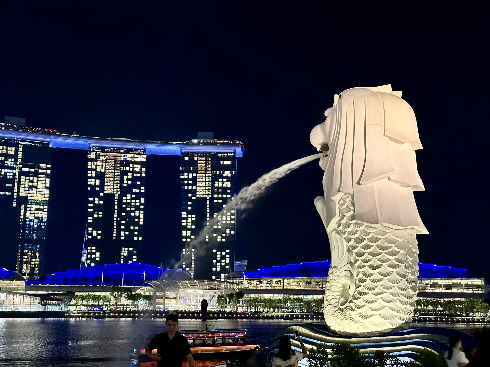 写真は夜のシンガポールで撮影されたもので、象徴的なマーライオン像が大きく写っています。マーライオンは口から水を吐き出しており、ライトアップされて白く輝いています。背景にはマリーナベイ・サンズのホテルがそびえ立ち、ホテルの窓から漏れる光が夜空に映えています。手前には川があり、川沿いには建物や木々が並んでいます。数人の人が写っており、そのうちの一人は観光船に乗船しようとしているようです。全体的に夜景の美しさとシンガポールの活気が伝わってくる写真です。