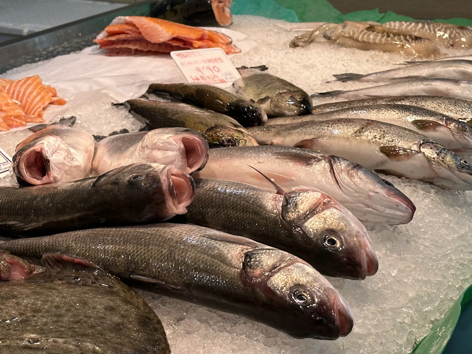 この写真は、スペインのバルセロナにある魚市場で撮影されたものです。氷の上に新鮮な魚介類が並べられており、活気あふれる市場の様子が伝わってきます。 手前には、口を開けた状態の魚が重なっており、その鮮度が強調されています。奥にはサーモンの切り身、マス、その他の魚介類が並んでおり、品揃えの豊富さが伺えます。 魚には細かい氷が付着しており、ひんやりとした雰囲気を醸し出しています。 背景には値段が書かれた看板が見え、市場の賑わいをさらに感じさせます。全体的に、新鮮な魚介類の活きの良さを伝える写真です。
