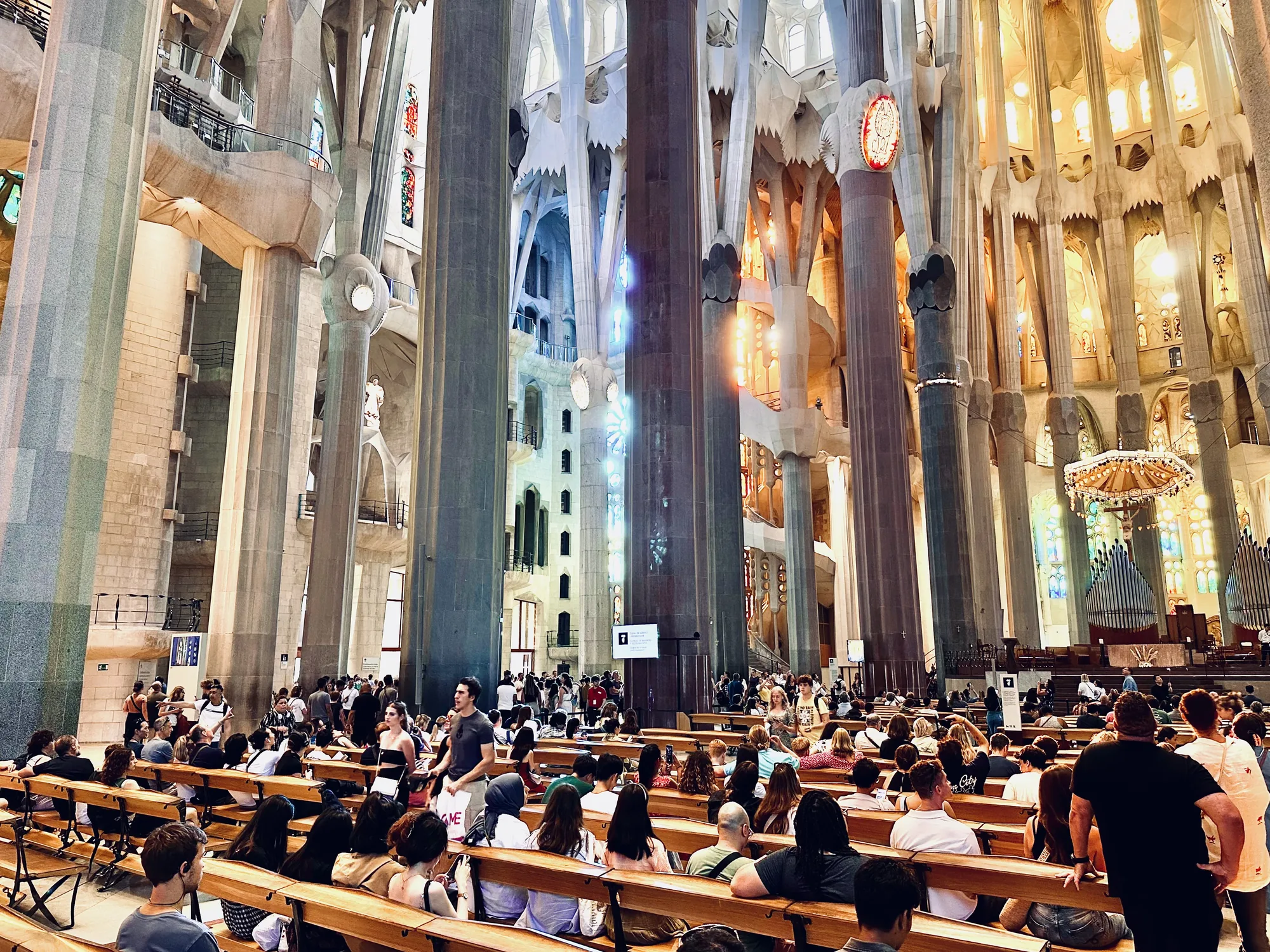 この写真は、スペインのバルセロナにあるサグラダ・ファミリアの内部を捉えたものです。大勢の観光客が木製のベンチに座って、建築物の壮大さを眺めています。天井までそびえ立つ巨大な柱が特徴的で、柱の上部は枝分かれしており、まるで木々が空に向かって伸びているかのようです。ステンドグラスから差し込む光が、内部を幻想的に照らしています。天井は複雑なデザインで、自然光を取り込むように設計されているのがわかります。写真全体から、サグラダ・ファミリアの壮大さと、その空間にいる人々の驚嘆と感動が伝わってくるようです。