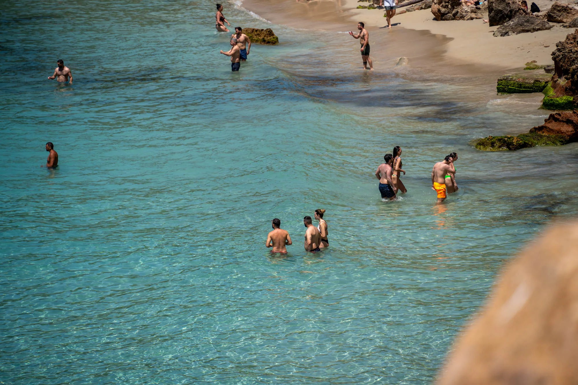 写真はスペインのイビサ島で撮影されたビーチの風景です。透き通ったターコイズブルーの海が特徴的で、太陽の光を受けてキラキラと輝いています。海岸線は白い砂浜で、所々に岩場が点在し、その表面には緑色の苔が生えています。  海の中や砂浜には、水着を着た人々が複数見られます。海水浴を楽しんだり、談笑したり、思い思いの時間を過ごしているようです。写真全体から、穏やかでリラックスした夏のバカンスの雰囲気が伝わってきます。