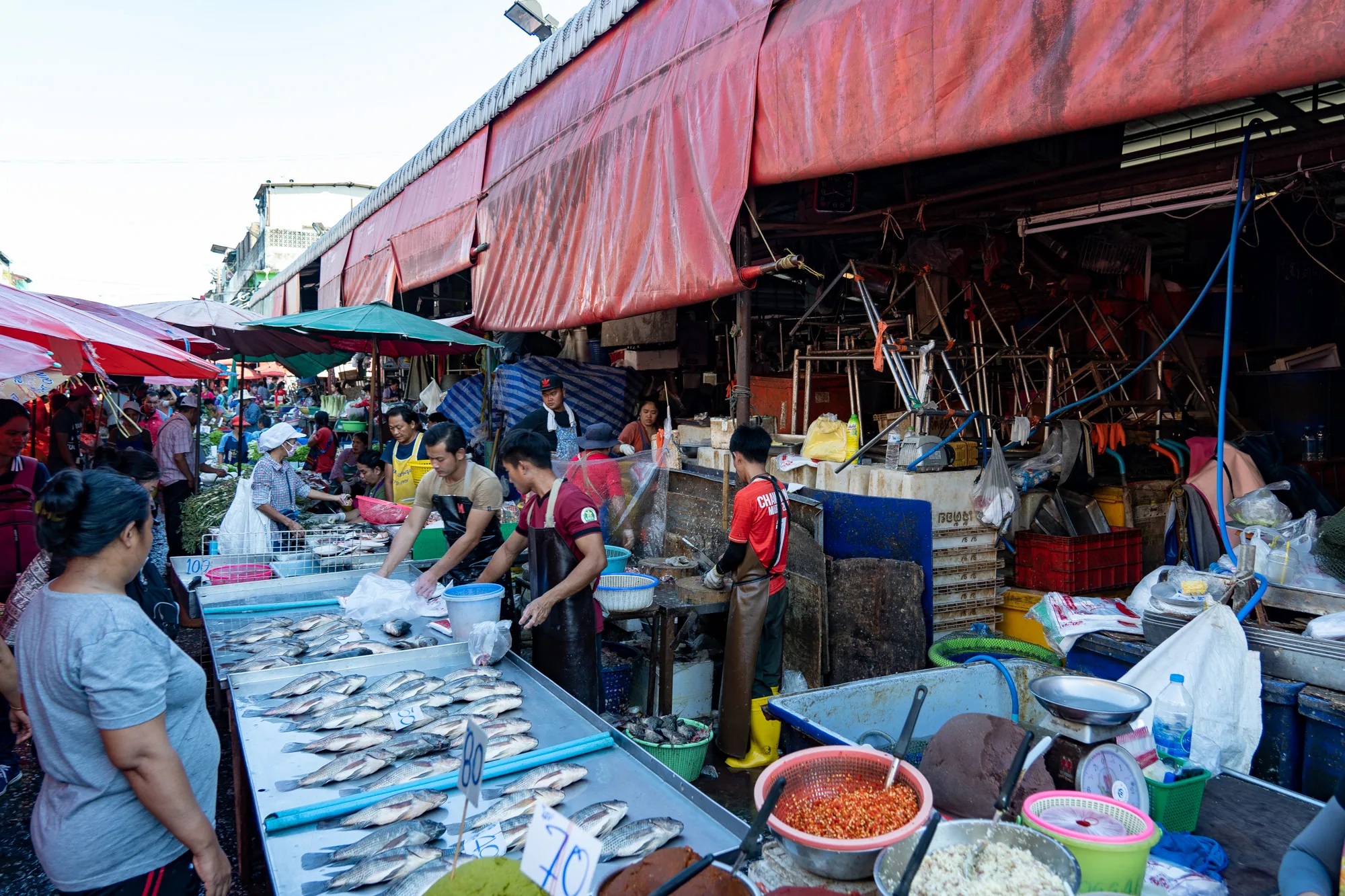 この写真はタイのバンコクにある活気のある市場の様子を捉えています。特に魚市場に焦点が当てられており、複数の露店が新鮮な魚を販売しています。手前の露店では、銀色の魚が整然と並べられており、それぞれの魚には価格を示す札が付けられています。魚を扱う男性たちはエプロンを着用し、手際よく魚を処理している様子が伺えます。  背景には、赤い日よけが設けられた通路が見えます。通路には、人々がひしめき合い、買い物客や売り手が活発に動き回っています。色とりどりの傘が立ち並び、市場の賑わいをさらに強調しています。  奥の方には、雑然とした空間が広がり、様々な道具や機材が積み重ねられています。これらの道具は市場の日常業務で使用されるものと思われます。全体として、この写真はバンコクの市場の活気と混沌とした雰囲気を伝えています。