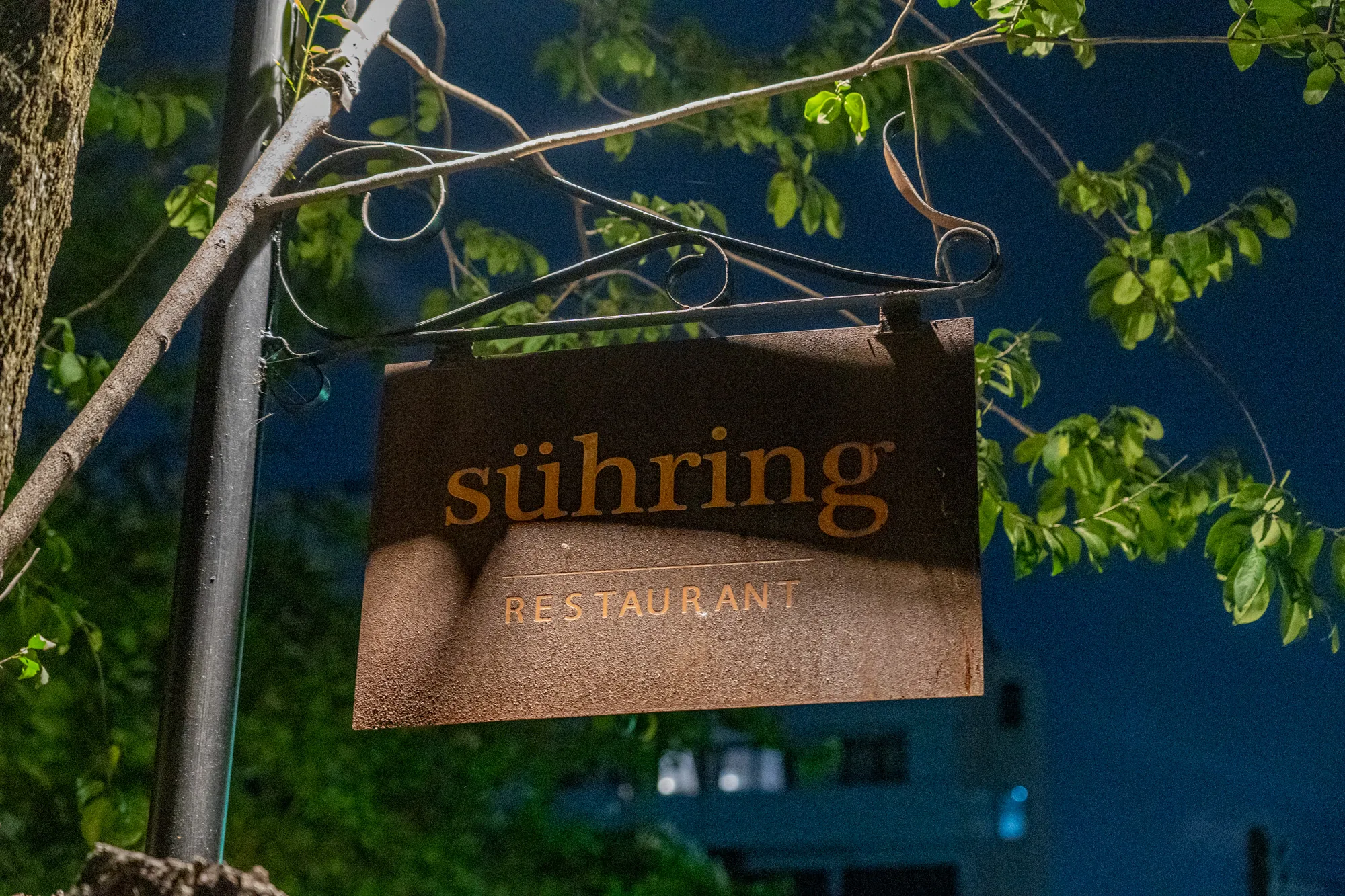 タイのバンコクで撮影された写真です。夜間に撮影されたと思われ、背景は暗い青色です。中心に「sühring RESTAURANT」と書かれた茶色い看板が写っています。看板は金属製で、表面は粗く、少し錆びているように見えます。文字は明るい茶色で、看板から浮き上がって見えるようにデザインされています。看板は黒い鉄製の装飾的な支柱に取り付けられており、支柱は木の幹から伸びています。看板の周りには緑の葉が生い茂った木の枝があり、自然な雰囲気を添えています。背景にはぼんやりと建物の一部が見え、窓の光が点々と光っています。全体的に、上品で落ち着いた雰囲気の写真です。