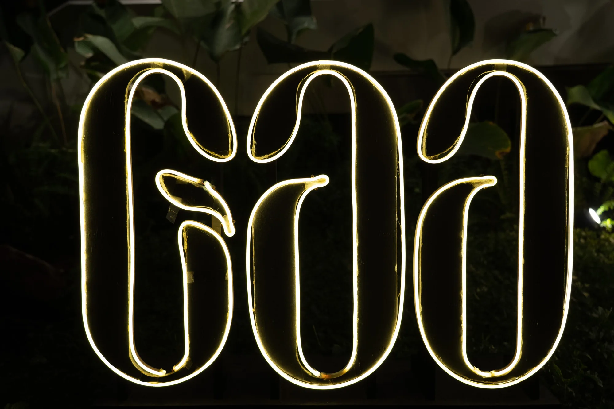 写真には、タイのバンコクで撮影されたと思われる、黄色のネオンライトで形作られたタイ文字が写っています。背景は暗く、緑の葉がぼんやりと見えます。ネオンサインは明るく輝き、周囲の環境とのコントラストが印象的です。文字の形状は独特で、タイの文化や雰囲気を伝えています。ネオン管の曲線が美しく、モダンでありながらも伝統的な魅力を感じさせます。葉の配置から、植物が装飾の一部として使用されていることがわかります。