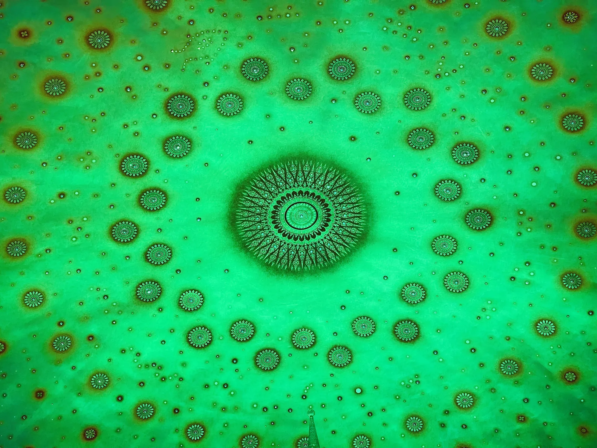 タイのバンコクで撮影された写真です。鮮やかな緑色を基調とした天井画が写っています。中央には大きな円形の装飾があり、その周りにも小さな円形の装飾が放射状に配置されています。これらの装飾は、細部まで丁寧に描かれており、タイの伝統的な文様やデザインが用いられていることがわかります。天井全体に散りばめられた小さな点々は、宝石か何かの装飾のようにも見えます。写真全体からは、寺院の荘厳な雰囲気と、タイの伝統文化の美しさが伝わってきます。