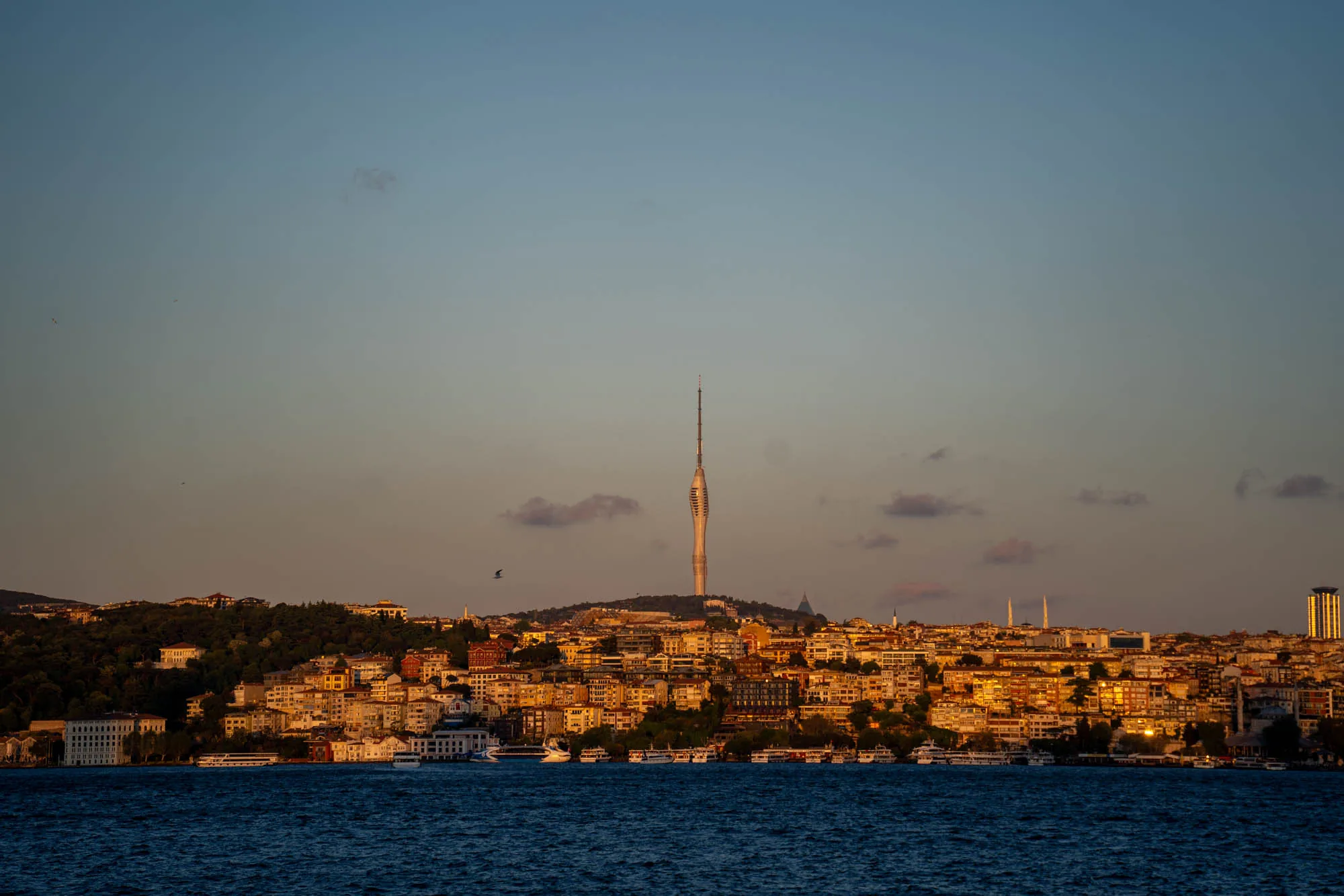 トルコのイスタンブールで撮影された写真です。画面下半分は青く波打つ海で占められています。海の上に広がるのは、建物が密集した街並みです。建物はオレンジ色に照らされ、夕暮れの柔らかい光を浴びています。街並みの中心には、細長くそびえ立つテレビ塔が見えます。空は上部に向かって青からオレンジへとグラデーションを描き、夕焼けの美しい情景を演出しています。空には鳥が数羽飛んでおり、風景に動きを与えています。全体的に穏やかで美しい風景写真です。
