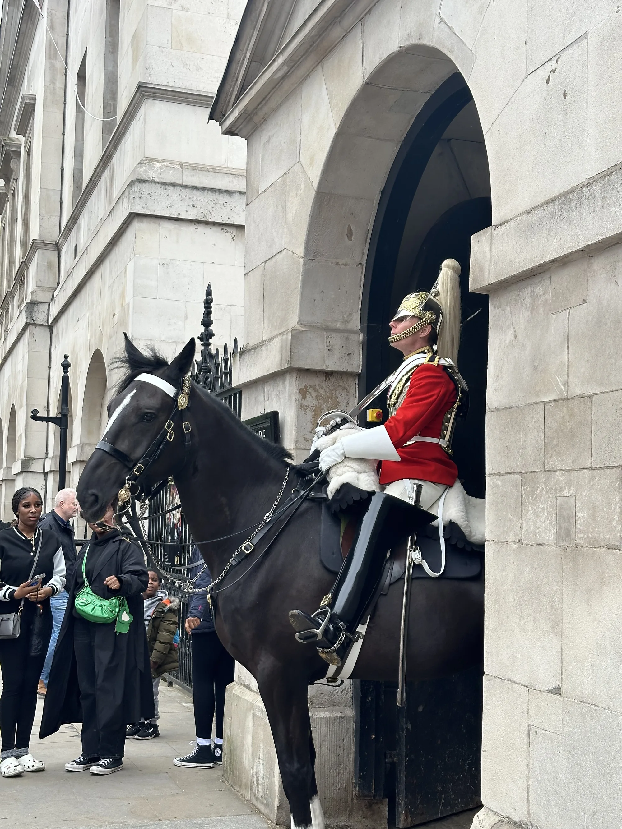 ロンドンの建物の一部を背景に、凛々しい騎馬像が写っています。衛兵は、赤い上着に白い手袋、輝く兜を身につけています。馬は黒く、手綱や装飾が施されています。背景には、衛兵を見ようと集まった観光客らしき人々が写っています。建物の石造りのアーチや装飾が、歴史的な雰囲気を醸し出しています。