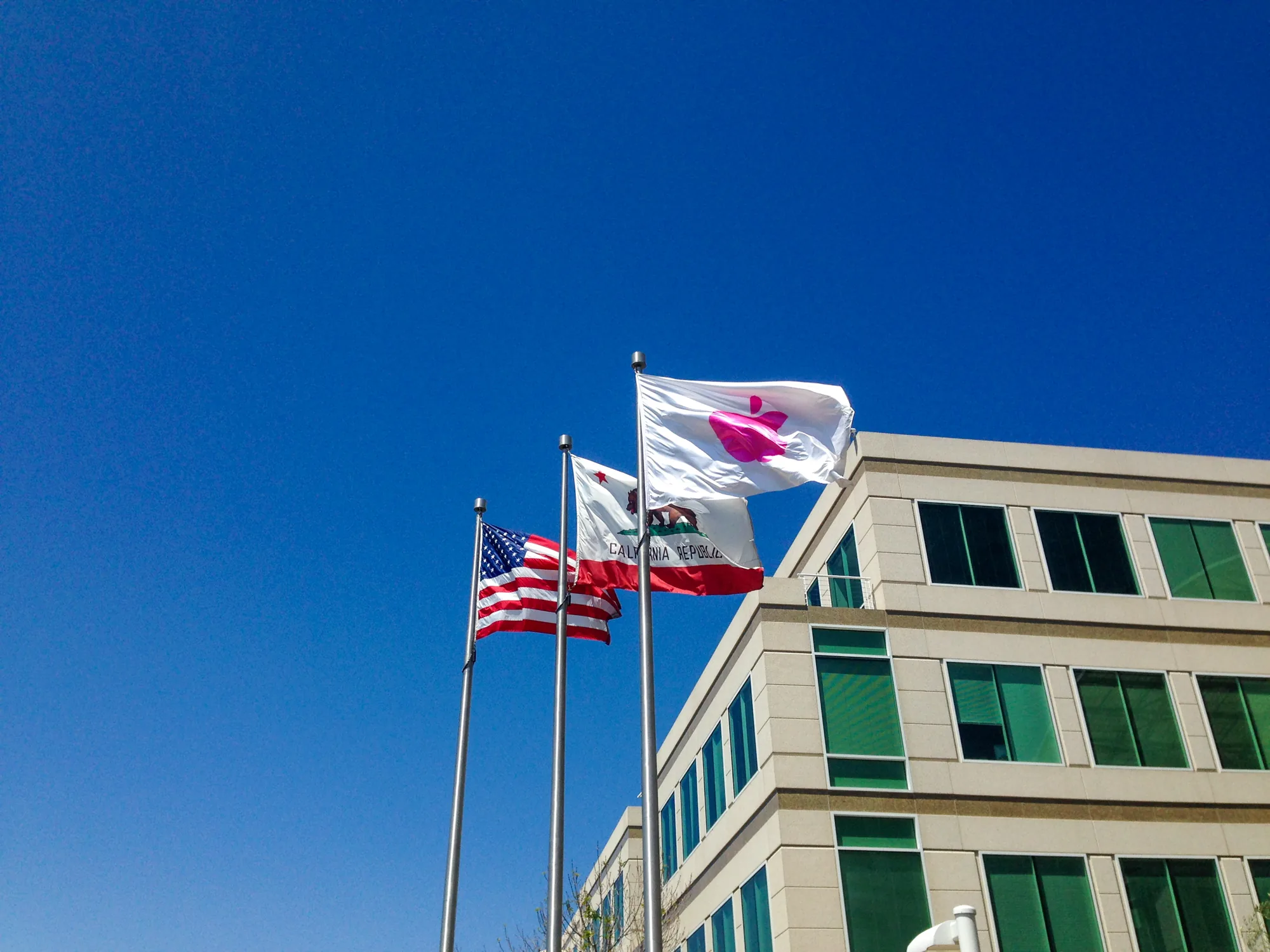 この写真はサンフランシスコで撮影されたもので、青空を背景に3本の旗竿に掲げられた旗が印象的です。一番手前の旗はアメリカ合衆国旗で、その隣にはカリフォルニア州旗が掲げられています。そして最も奥には、白地にピンク色のAppleのロゴがプリントされた旗がはためいています。旗の奥には、ベージュ色の外壁と緑色の窓を持つ近代的な建物が写っています。全体的に、青空と鮮やかな旗の色が爽やかな印象を与え、サンフランシスコの明るい雰囲気を伝えているようです。Appleの旗があることから、Apple社の施設付近で撮影されたものと考えられます。